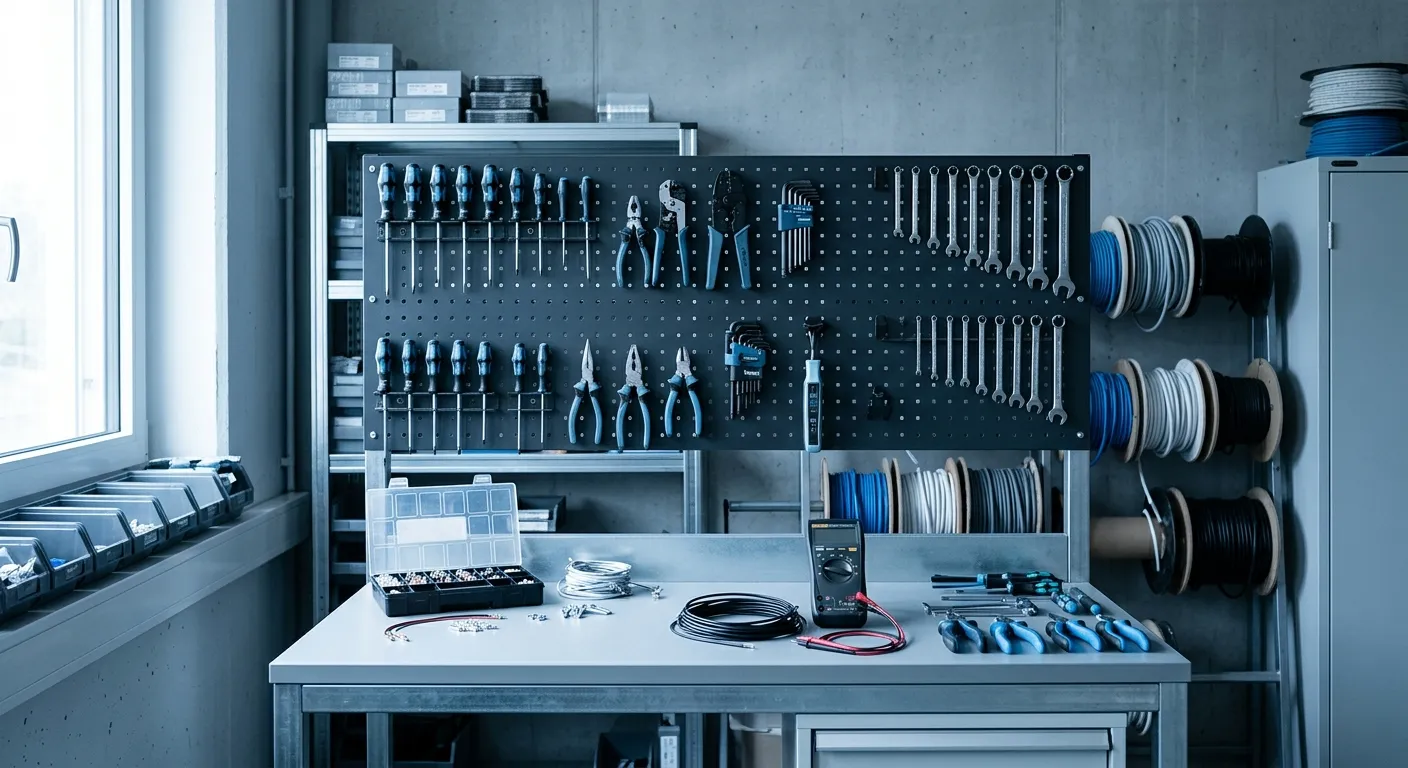 Atelier d'électricien rangé, outillage sur panneau